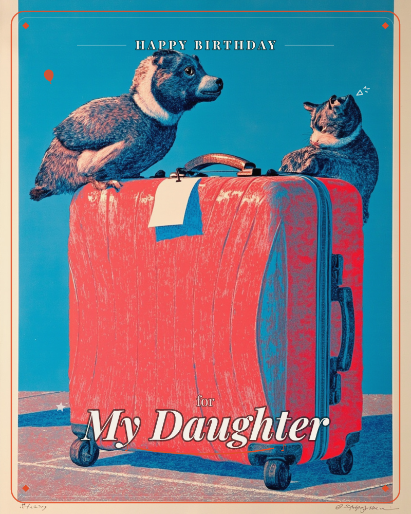 A whimsical print shows a bird with a dog-like face perched on one side of a bright red suitcase, eyeing a cat curled on the opposite corner, both…, a birthday e-card design
