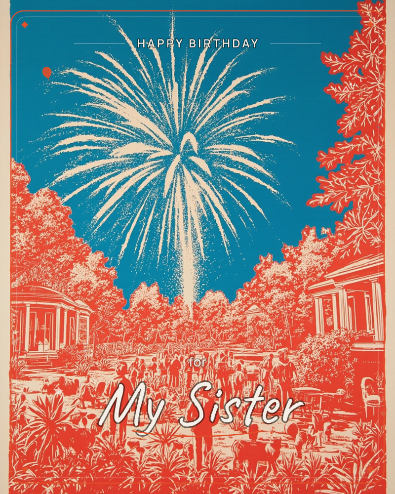 A large white firework bursts overhead against a deep blue sky, its trails spreading over a park lined with columned pavilions and dense trees rendered…, a birthday e-card design