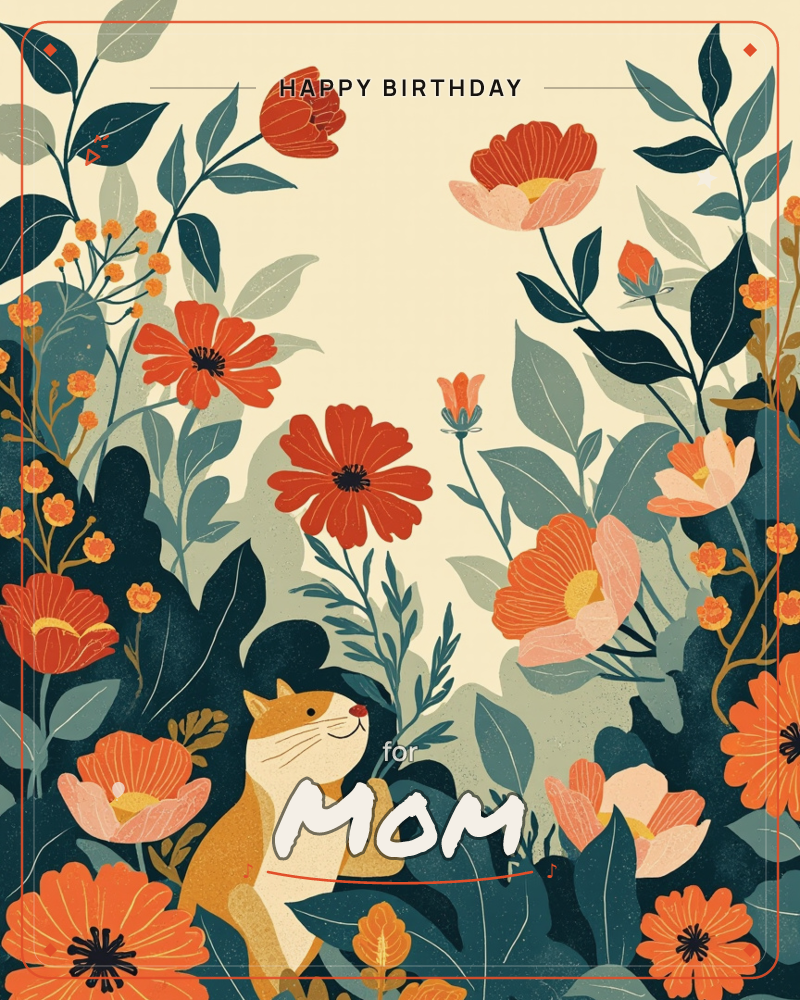A ginger and cream cat peeks out from a dense border of poppies, marigolds and leafy stems, one paw raised as if caught mid-step through the garden, a birthday e-card design