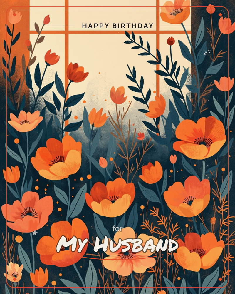 A dense cluster of poppies and wildflowers crowds the foreground in shades of orange, coral and peach, their dark teal leaves silhouetted against a…, a birthday e-card design