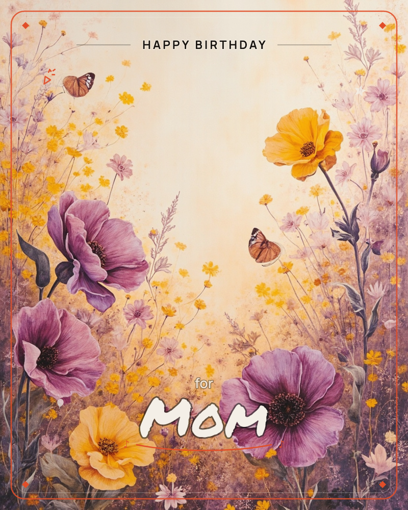 A sun-warmed meadow bursts with mauve poppies and golden cosmos flowers against a glowing amber sky, a birthday e-card design