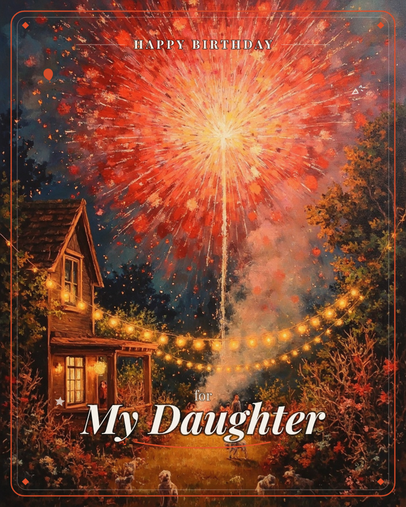 A backyard glows under a string of warm lanterns as a huge red firework bursts above a cottage and its garden, a birthday e-card design