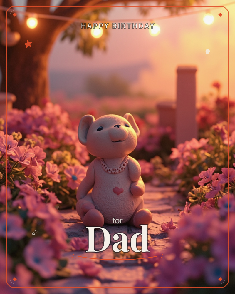 A small stone-textured teddy bear figure with a pearl necklace and a tiny painted heart sits on a cobbled path, surrounded by dense pink blossoms, a birthday e-card design