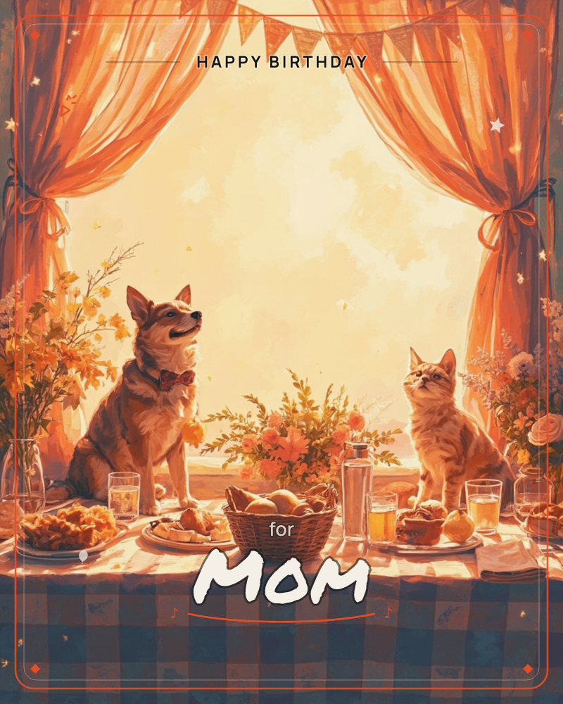 A dog wearing a bow tie and a cat sit proudly at either end of a checkered picnic table, framed by billowing orange curtains and a triangle bunting…, a birthday e-card design