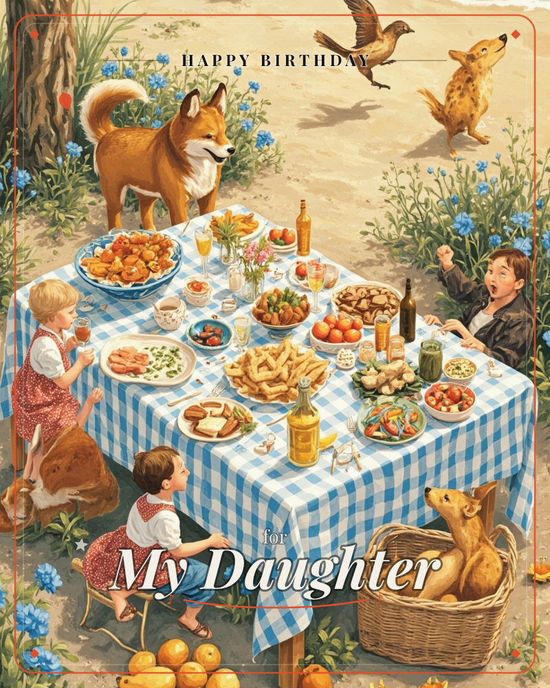 A blue-and-white checked tablecloth is spread outdoors and piled high with a picnic feast, pastries, tomatoes, sandwiches, olives and bottles of oil, …, a birthday e-card design