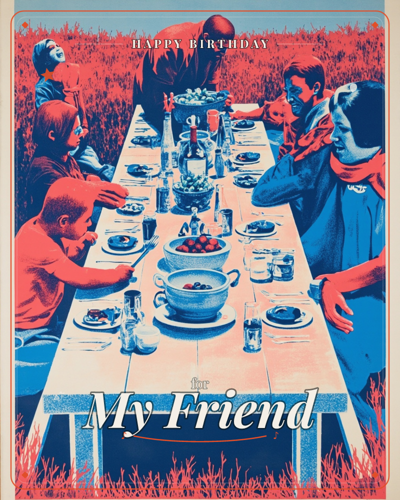 A long outdoor table is set for a shared meal, surrounded by tall red grass under an open sky, rendered entirely in bold red, blue, and cream tones…, a birthday e-card design
