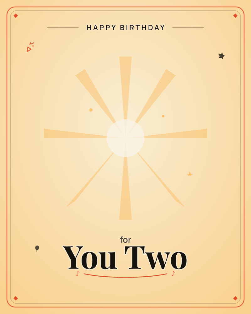 A radiant sunburst glows at the centre of the card, soft cream rays fanning out against a warm golden haze that fades to shadow at the top and bottom…, a birthday e-card design by @DittyCityTeam