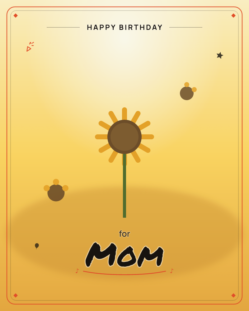 A single stylized sunflower stands on a green stem against a glowing amber sky, its round brown center ringed with simple golden petals, a birthday e-card design by @DittyCityTeam