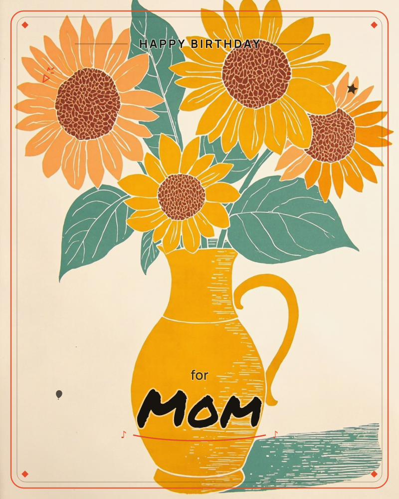 A bold yellow jug overflowing with four sunflowers in shades of orange and gold, their brown centres textured with fine crosshatching, sits against a…, a birthday e-card design