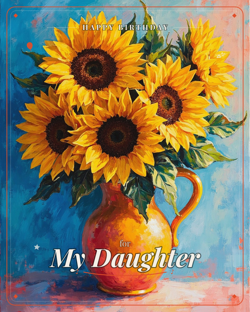 A cluster of five sunflowers with dark velvety centres bursts from an orange-red ceramic pitcher, painted in bold, textured brushstrokes against a…, a birthday e-card design