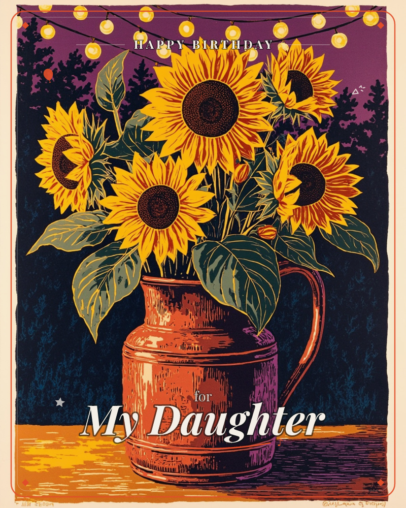 A copper pitcher overflows with bold sunflowers, their dark centers ringed in layered gold and orange petals, set against a deep purple twilight tree line, a birthday e-card design
