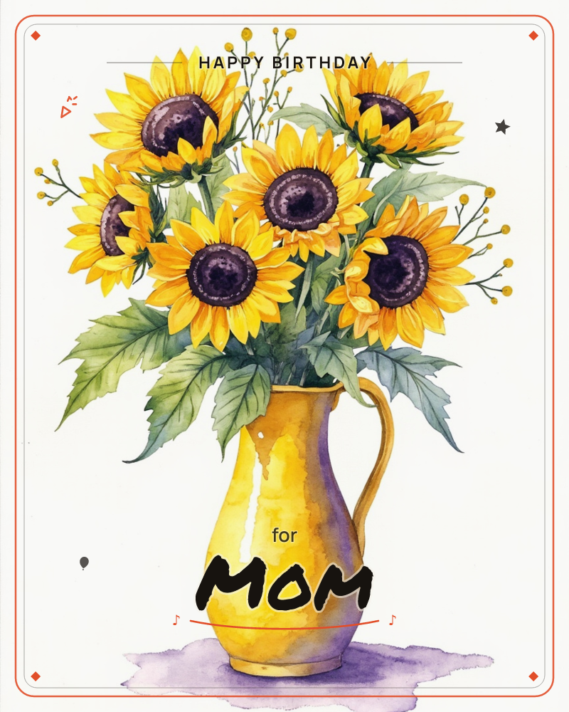 A cheerful bunch of sunflowers spills out of a glossy yellow pitcher, their dark centres and golden petals painted in loose watercolour washes with…, a birthday e-card design