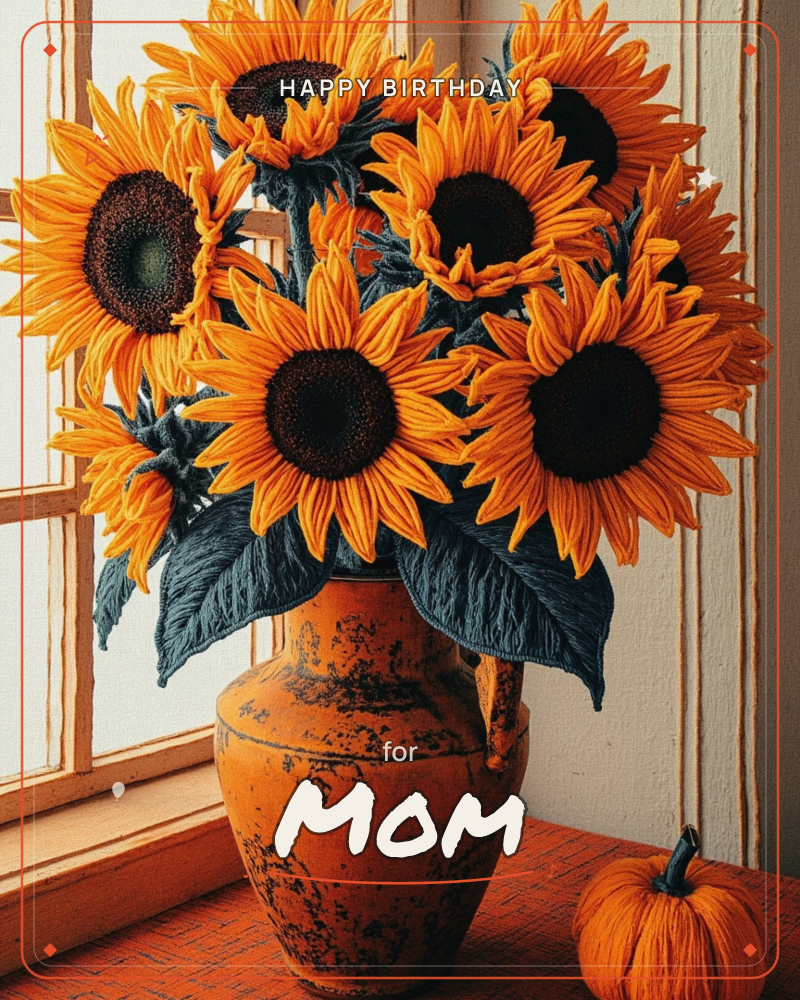 A rustic terracotta vase overflows with vivid orange sunflowers, their dark centers and deep charcoal leaves set against a sunlit window frame, a birthday e-card design