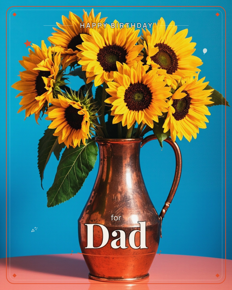 A cluster of sunflowers with deep brown centres fills a polished copper jug, their green leaves spilling over the handle, a birthday e-card design
