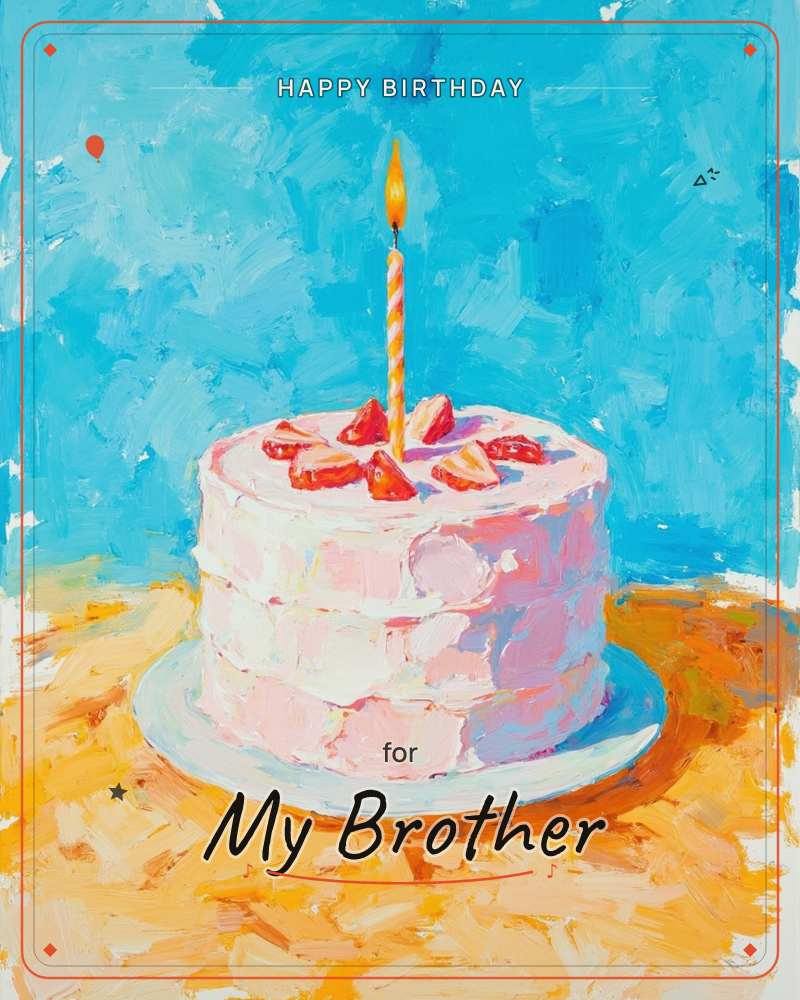 A single-layer cake with pale pink frosting and a scatter of sliced strawberries sits on a white plate, one striped candle burning steadily at its center, a birthday e-card design