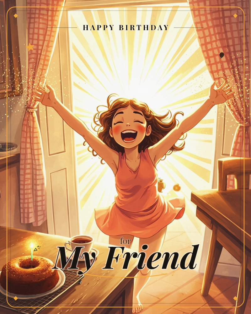 A woman throws open sunlit curtains, dancing barefoot in golden morning light beside a candlelit cake and steaming coffee, a birthday e-card design