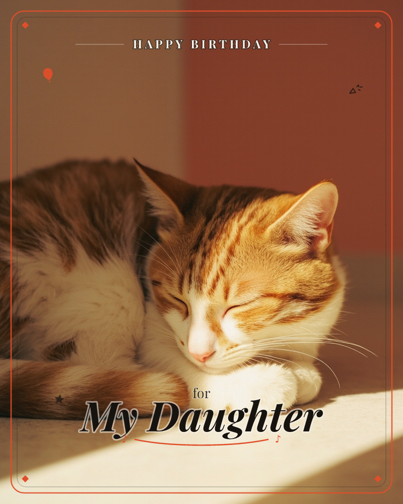 A ginger and white cat lies curled on a ledge, eyes shut and paws tucked beneath its chin, caught in a warm shaft of late afternoon sun, a birthday e-card design