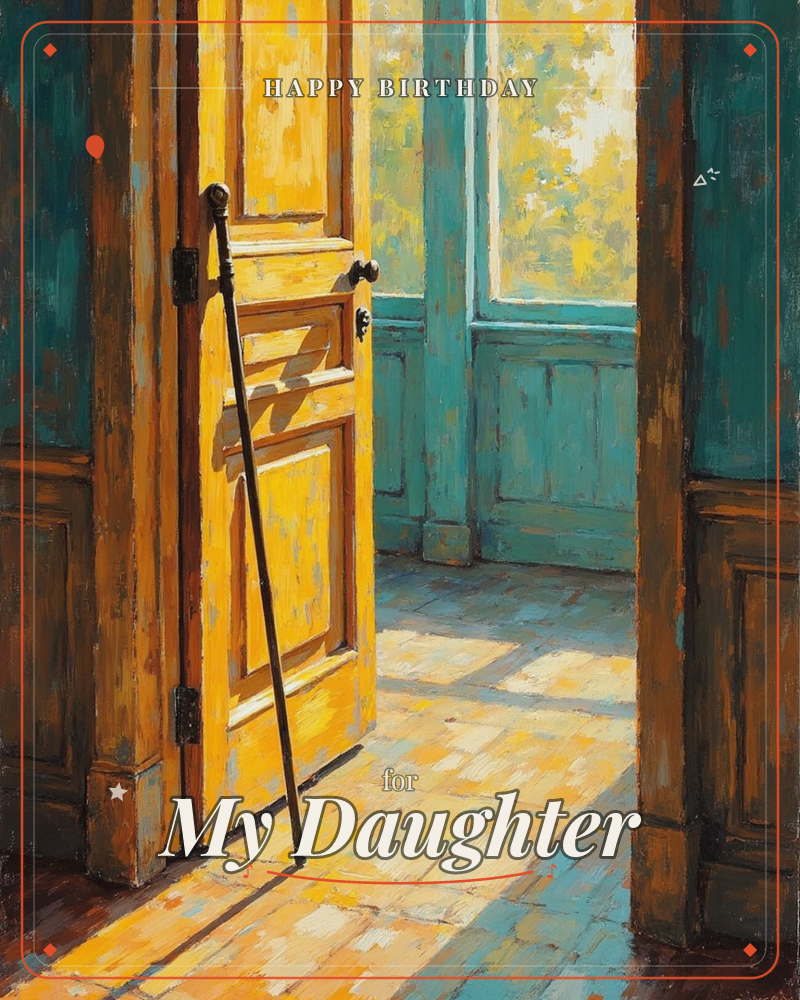 A sunlit wooden door swings open into a warm interior, its golden panels catching bright light against teal-painted walls, a birthday e-card design