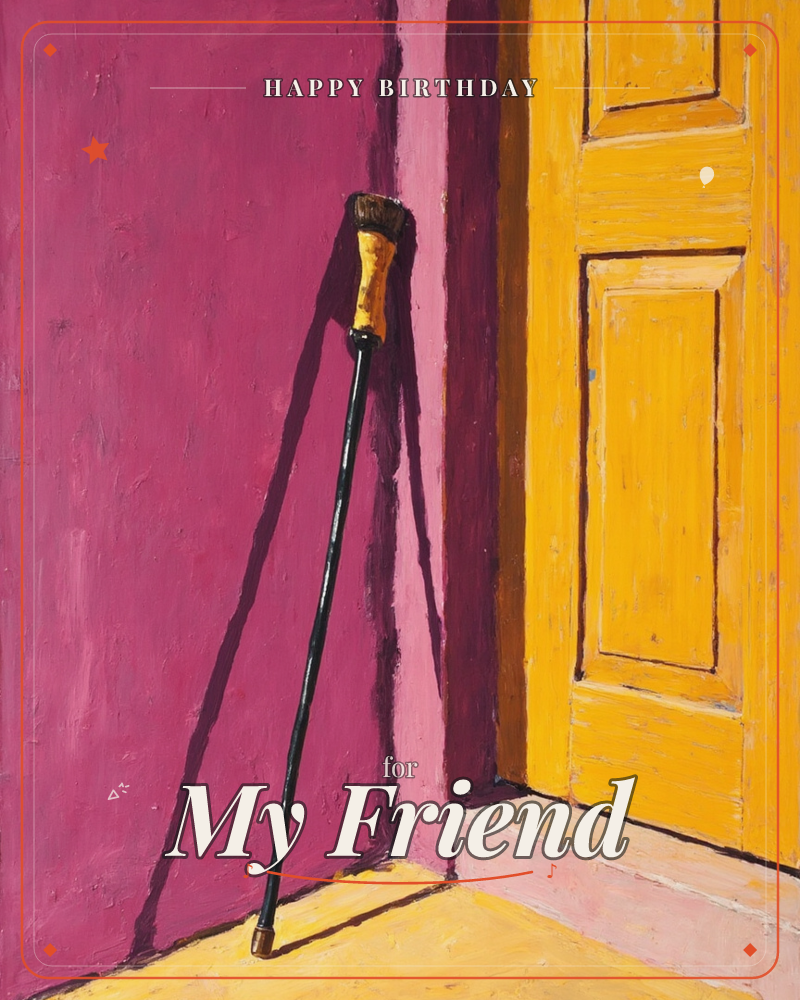 A worn broom with a dark handle leans against a magenta wall beside a mustard-yellow paneled door, its shadow stretching long across the sunlit floor, a birthday e-card design