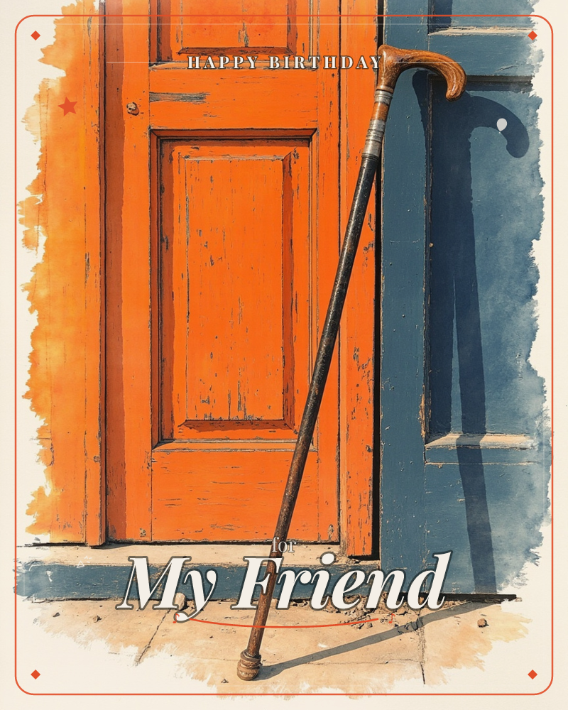 A wooden walking cane with a curved handle leans against a weathered blue door frame beside a bright orange painted door, a birthday e-card design