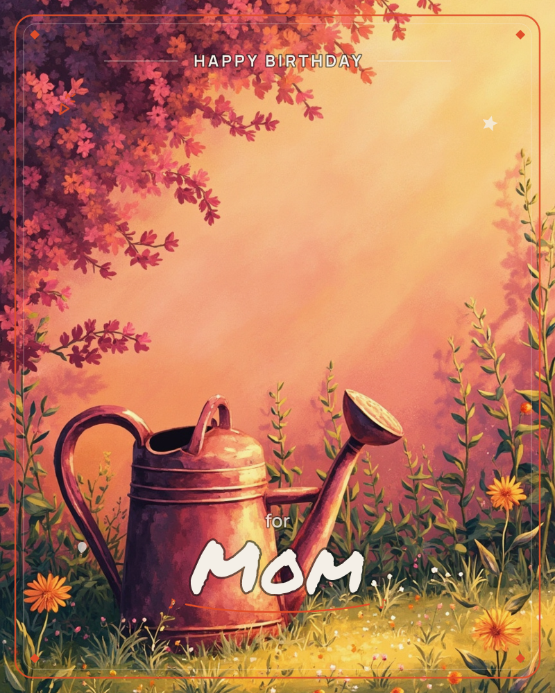 A weathered copper watering can rests in a sunlit garden, framed by a canopy of pink blossoms overhead and tall grasses dotted with orange wildflowers, a birthday e-card design