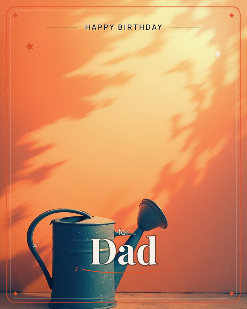 A weathered blue-green watering can sits against a warm orange wall, dappled with the leafy shadows of an unseen tree overhead, a birthday e-card design