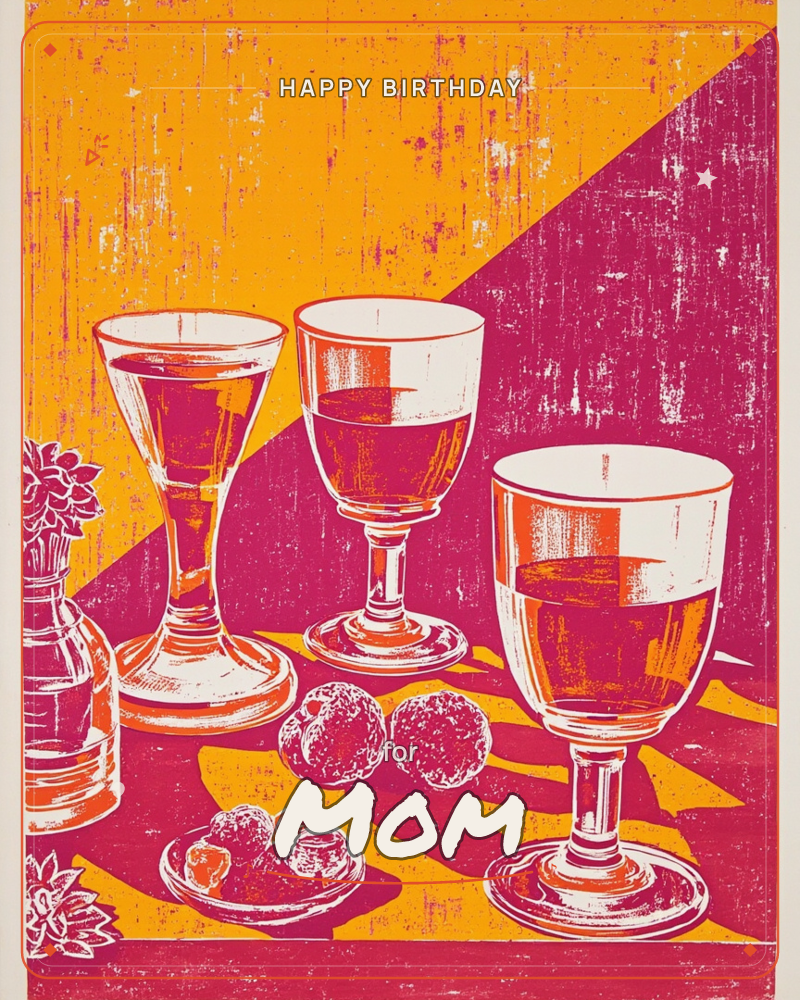 A bold woodcut-style print shows three wine glasses filled halfway with dark liquid, standing on a table beside a small vase of flowers and a plate of…, a birthday e-card design