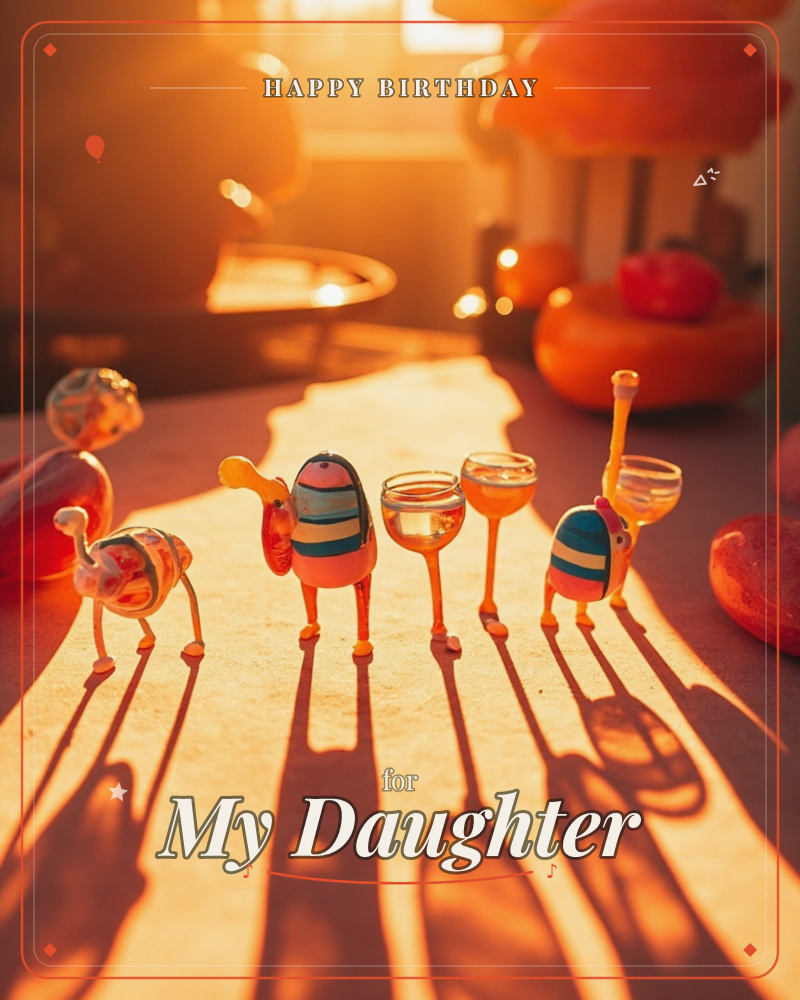 Small striped bird-shaped toy figures stand in a row on a sunlit tabletop, their long shadows stretching across the warm golden surface, a birthday e-card design