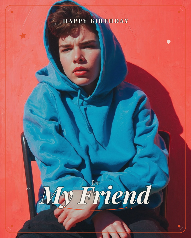 A young person sits on a folding chair against a bold coral-red wall, wearing an oversized turquoise hoodie with the hood up, squinting slightly into…, a birthday e-card design