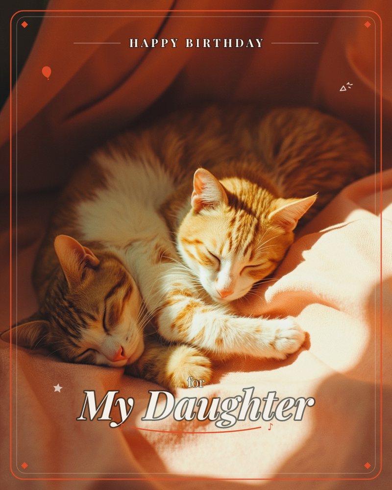 Two tabby cats curl together in a warm patch of sunlight, sleeping nose to nose on a soft coral-pink blanket, a birthday e-card design