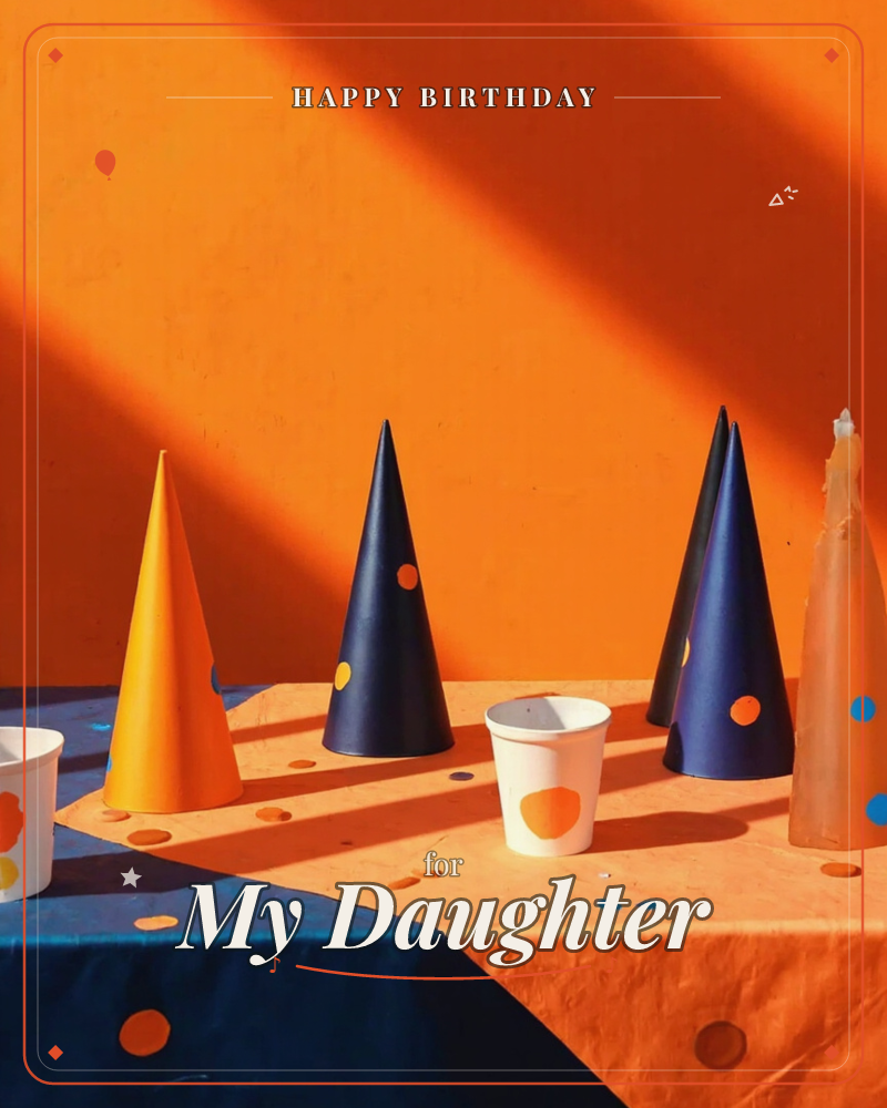 Pointed party hats in orange and navy stand on a table draped with a two-toned orange and blue cloth, scattered with round paper confetti dots, a birthday e-card design