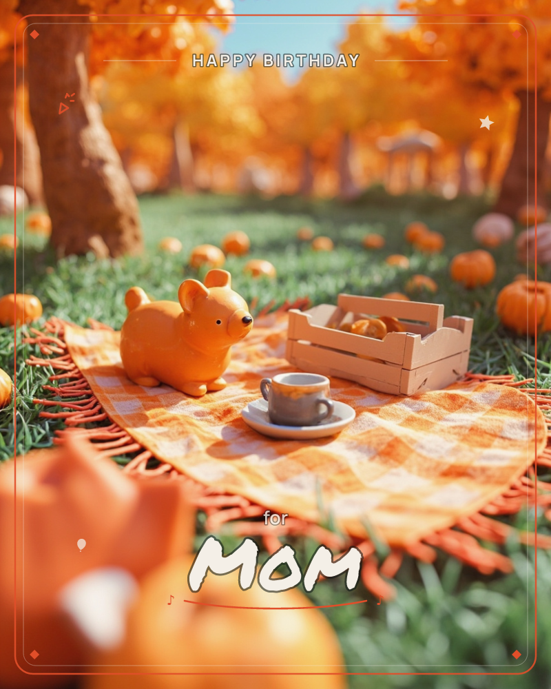 A small orange dog figurine sits on a fringed gingham picnic blanket spread across a lawn dotted with mini pumpkins, beside a wooden crate of pumpkins…, a birthday e-card design