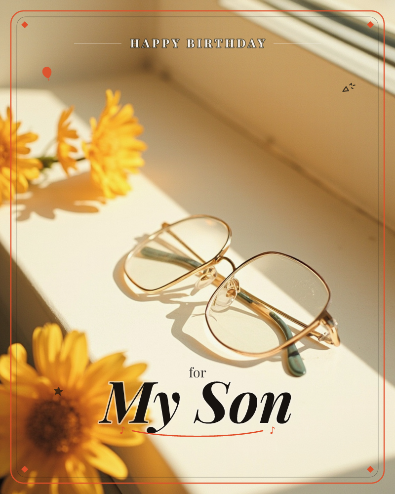 A pair of gold wire-framed glasses rests on a white windowsill, catching warm afternoon light beside sprays of yellow daisies, a birthday e-card design