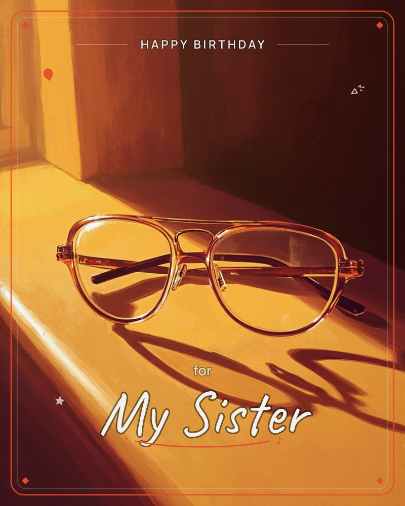 A pair of gold-rimmed aviator glasses rests on a warm-lit windowsill, folded and catching the low, amber sunlight streaming in from the side, a birthday e-card design