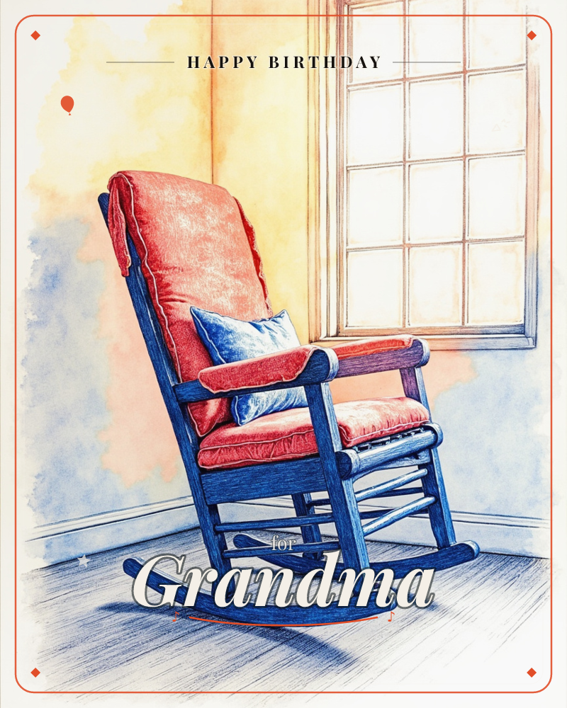 An empty wooden rocking chair sits by a sunlit paned window, its navy frame cushioned in worn red fabric with a small blue pillow tucked in one corner, a birthday e-card design