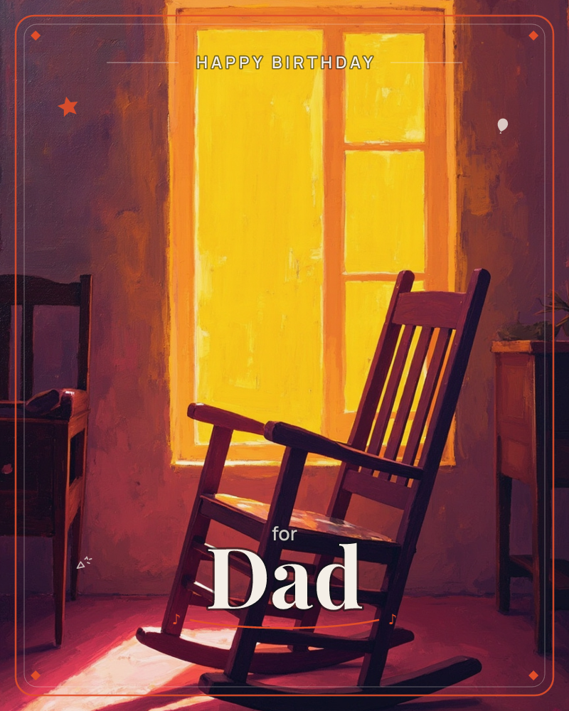 A wooden rocking chair sits empty in a sunlit room, silhouetted against a tall window glowing bright yellow with late afternoon light, a birthday e-card design