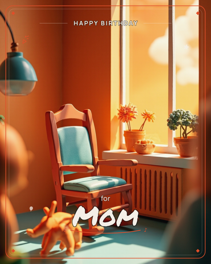 A cosy corner room glows in warm amber light, with a wooden rocking chair topped with a teal cushion sitting beside a sunlit window, a birthday e-card design