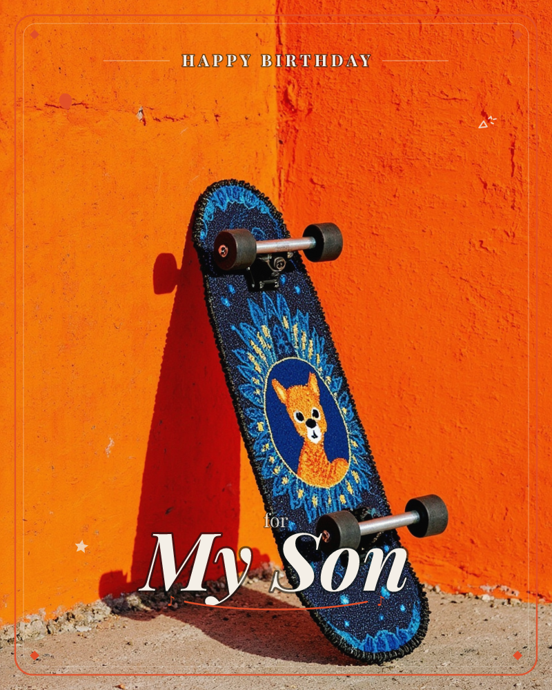A skateboard leans against a bright orange wall in hard sunlight, its underside painted with a beaded-style medallion of a fox framed by blue starburst…, a birthday e-card design