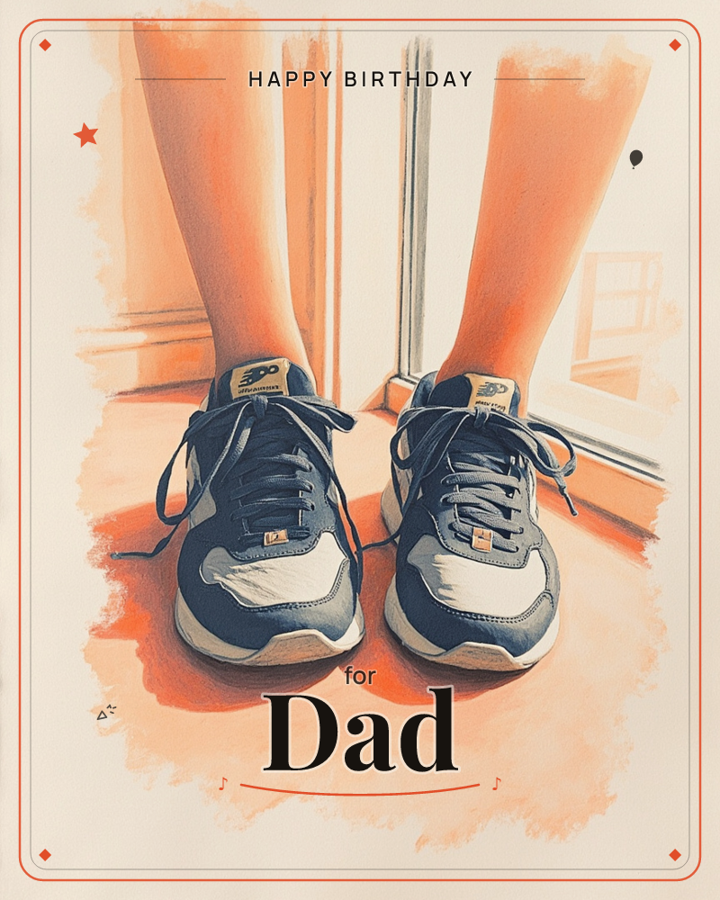 A close-up view looking down at a pair of bare legs standing in navy and white sneakers, laces loosely tied, feet turned slightly inward against a warm…, a birthday e-card design