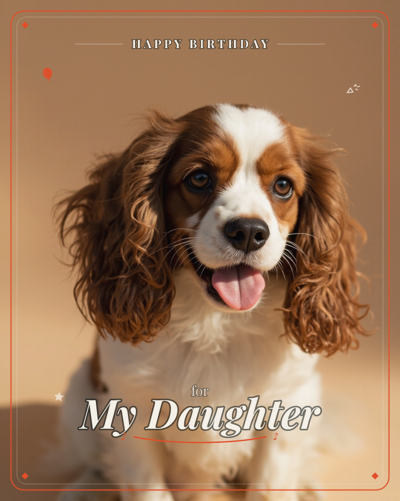 A Cavalier King Charles Spaniel sits centre-frame against a warm caramel backdrop, tongue out and ears loosely curled, a birthday e-card design