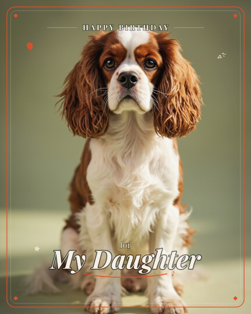 A studio portrait of a Cavalier King Charles Spaniel with chestnut and white markings, sitting upright and gazing directly at the viewer with soft…, a birthday e-card design