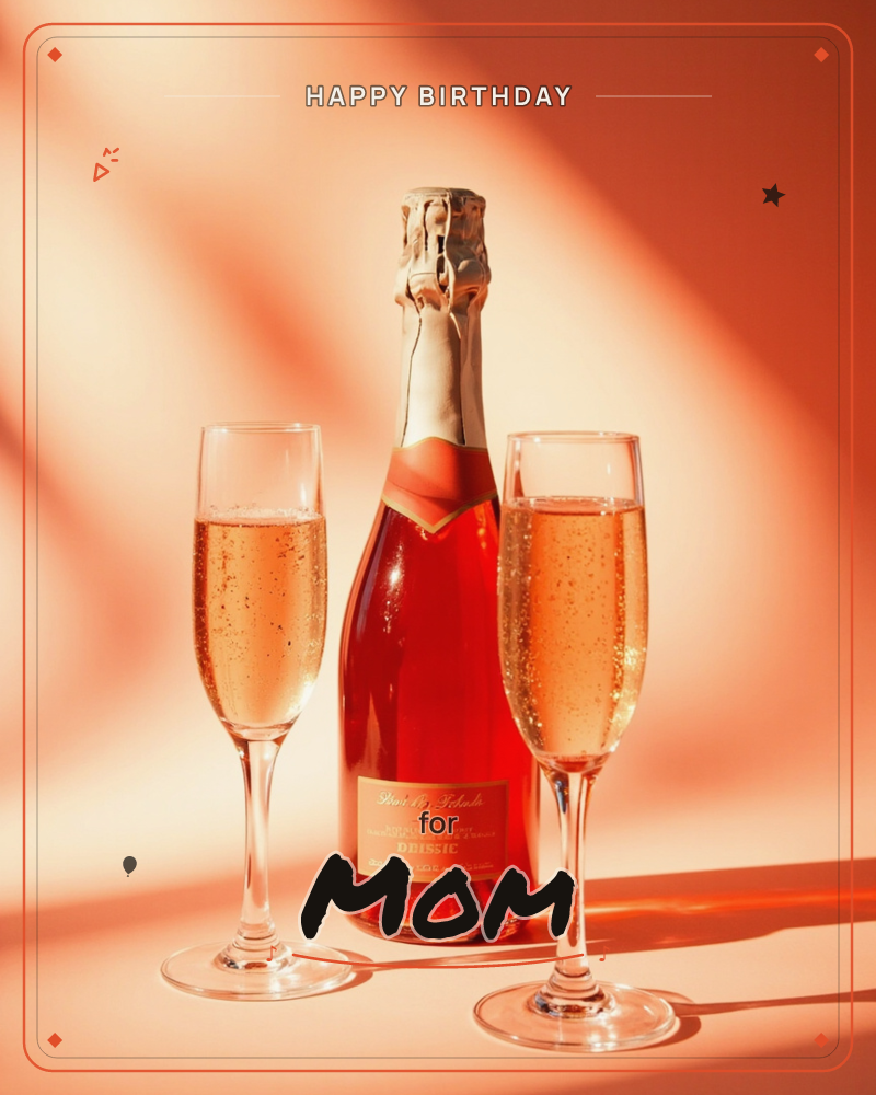 A bottle of rosé sparkling wine stands between two filled champagne flutes, all bathed in warm peach light with a bold diagonal shadow cutting across…, a birthday e-card design