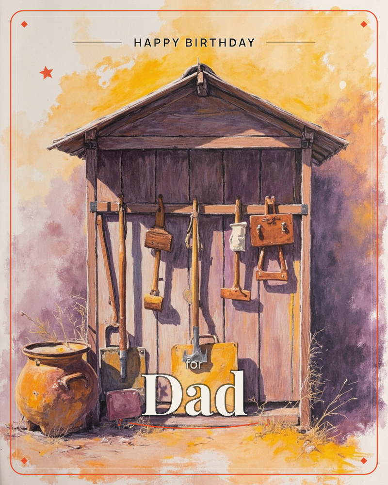 A rustic wooden tool shed stands open, its peaked roof and worn planks glowing under a wash of golden light, a birthday e-card design