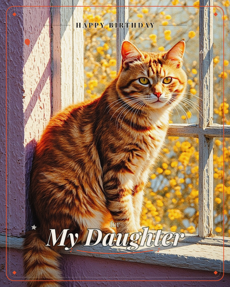 An orange tabby cat sits upright on a white-painted windowsill, framed against a mauve wall streaked with warm sunlight, a birthday e-card design