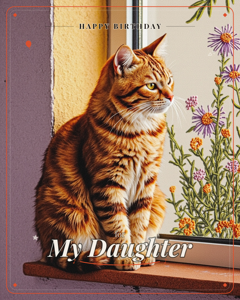 A ginger tabby cat sits upright on a windowsill, bathed in warm afternoon light, gazing out through the glass, a birthday e-card design