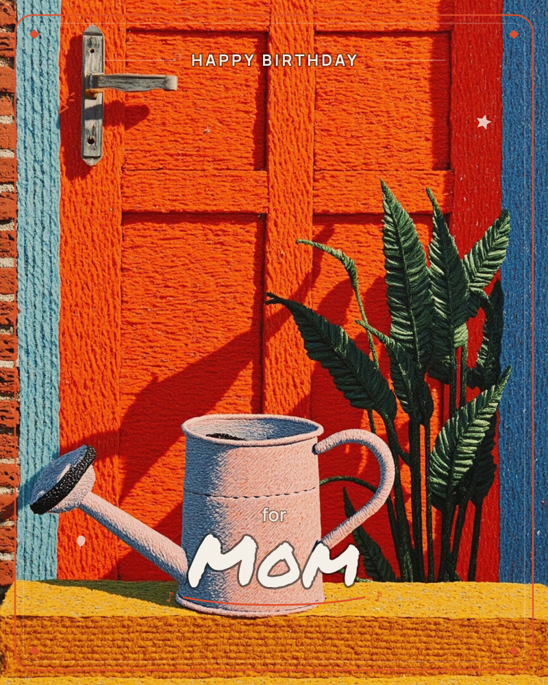 An orange panelled front door catches strong sunlight, its long shadow slanting across a mustard-yellow step, a birthday e-card design
