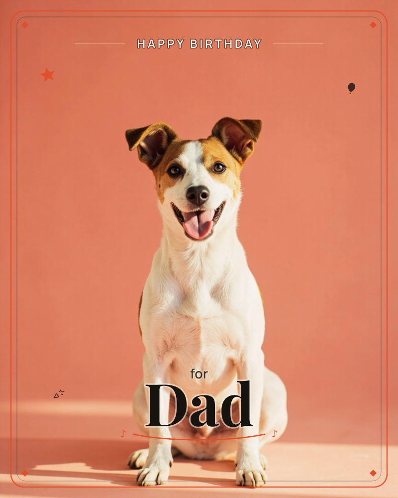 A small terrier sits upright against a flat coral-pink backdrop, tongue out and ears perked in a happy, alert pose, a birthday e-card design