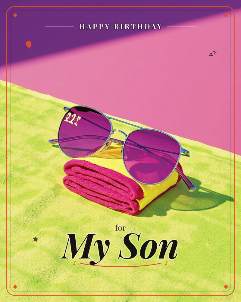 A pair of aviator sunglasses with pink lenses rests on a folded pink and yellow towel, all set against a chartreuse terry-cloth surface with sharp…, a birthday e-card design