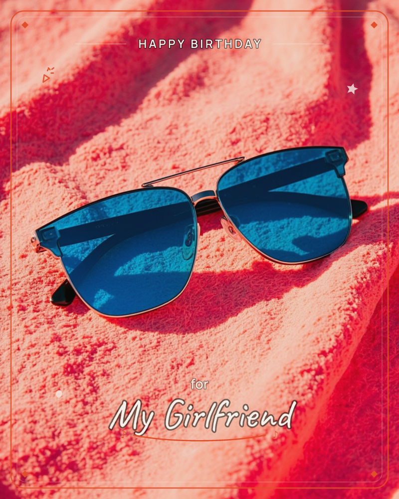 A pair of aviator sunglasses with mirrored blue lenses and gold frames rests on the folds of a coral-pink terry towel, a birthday e-card design