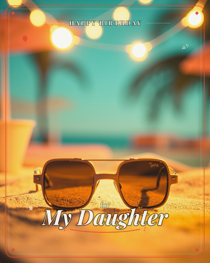 A pair of gold-framed sunglasses rests on golden sand, catching warm evening light as string lights glow softly overhead, a birthday e-card design